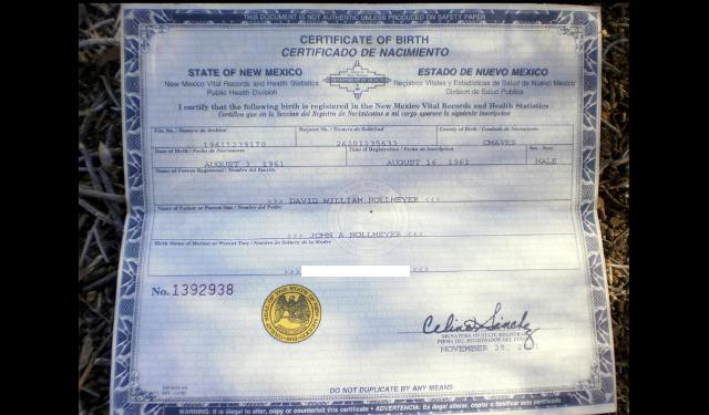 Bhakta David Nollmeyer birth certificate